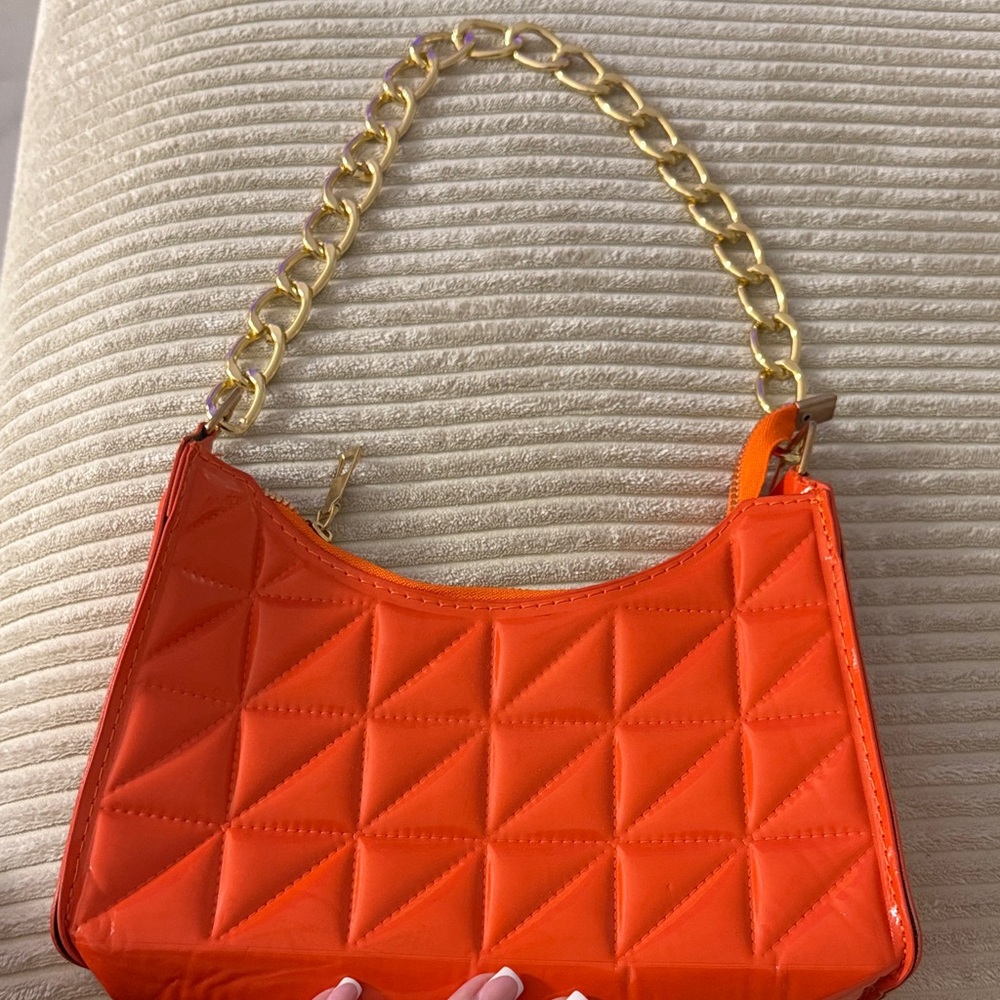 Orange Quilted Handbag with Gold Chain